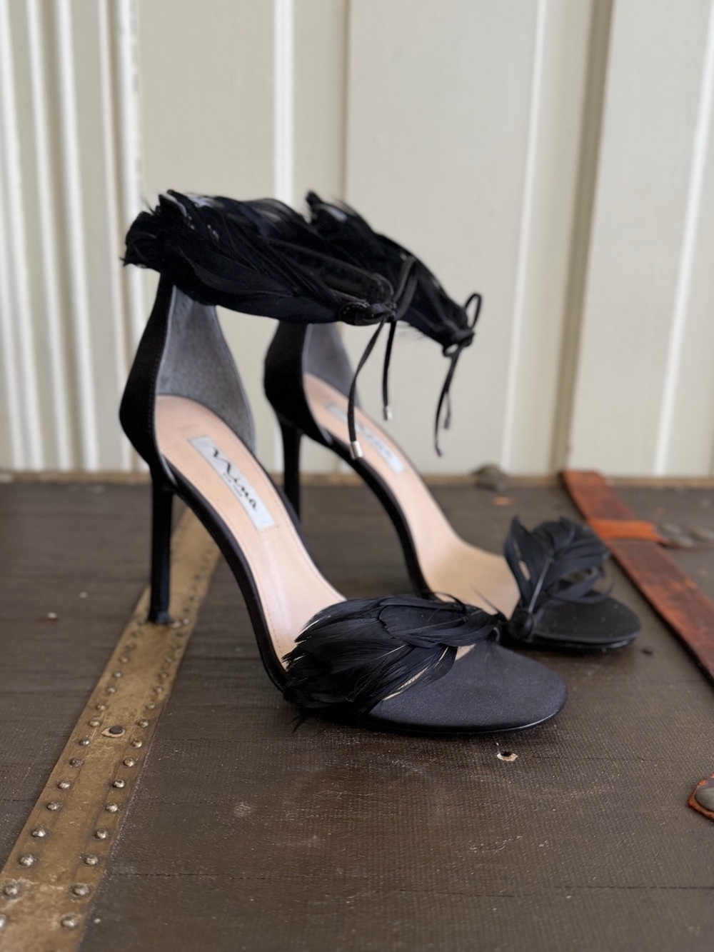 Nina Black Feather Ankle-Tie Stiletto Sandals